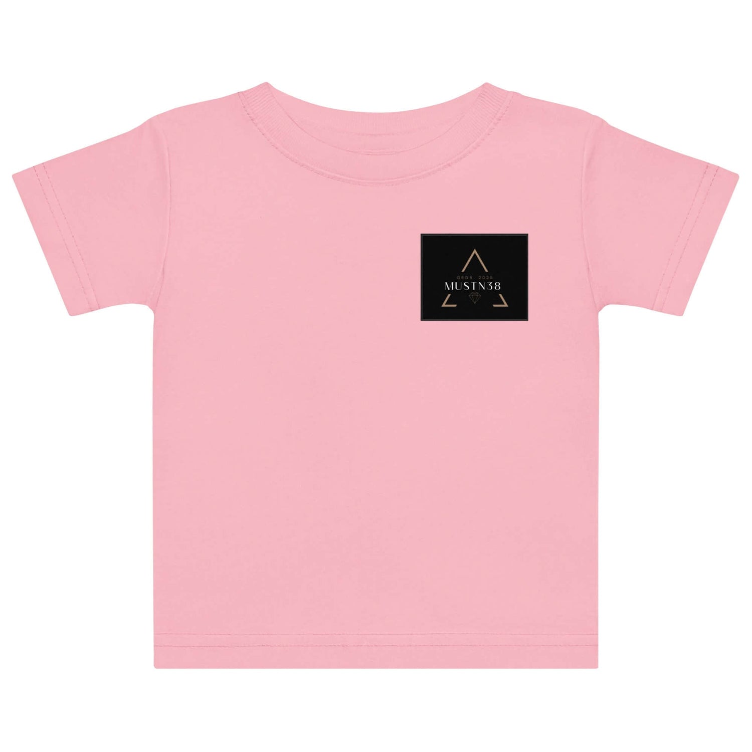 Baby Jersey T-Shirt in Rosa mit schwarzem, geometrischem Druck auf der Vorderseite.