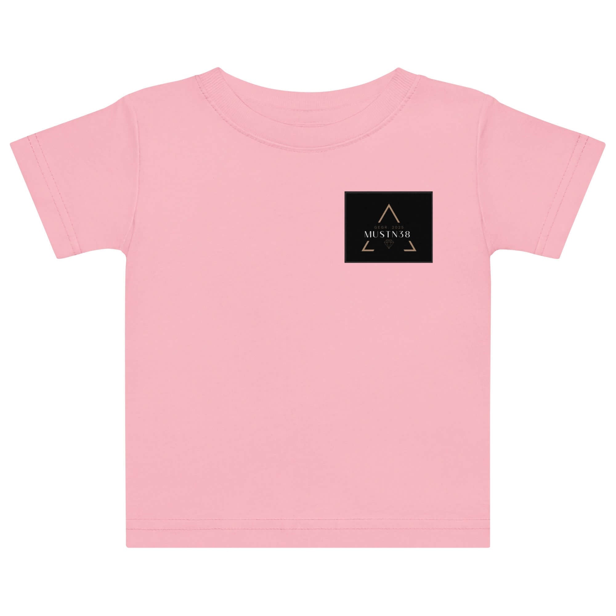 Baby Jersey T-Shirt in Rosa mit schwarzem, geometrischem Druck auf der Vorderseite.